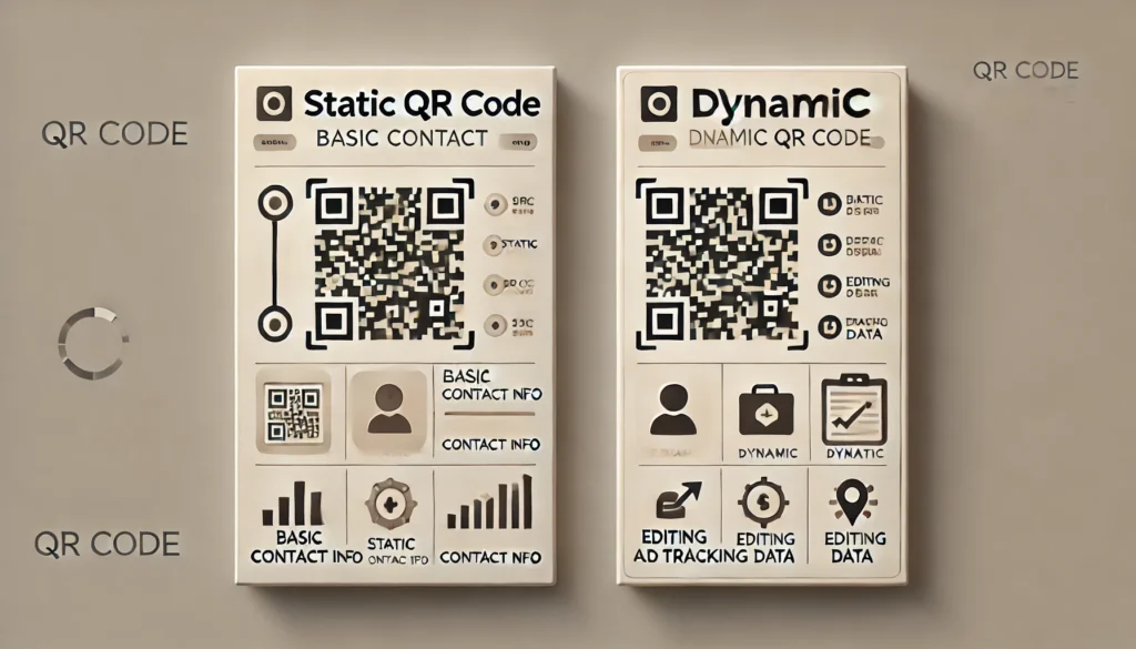 Comparison of static and dynamic QR codes with icons representing their uses.