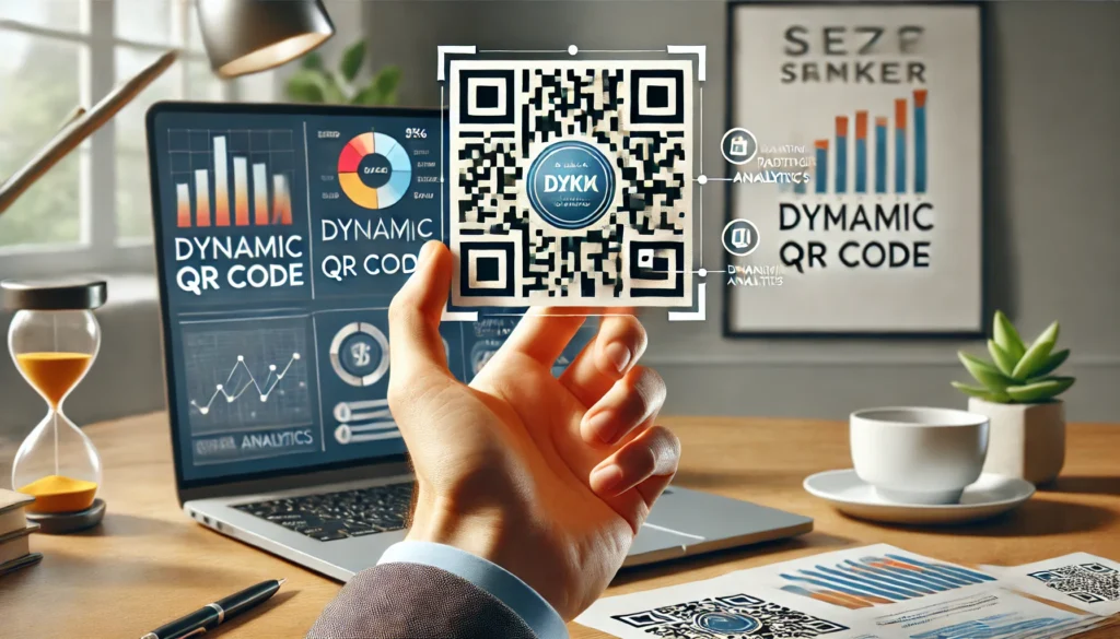 Marketer holding a custom QR code with a business logo in a modern workspace.