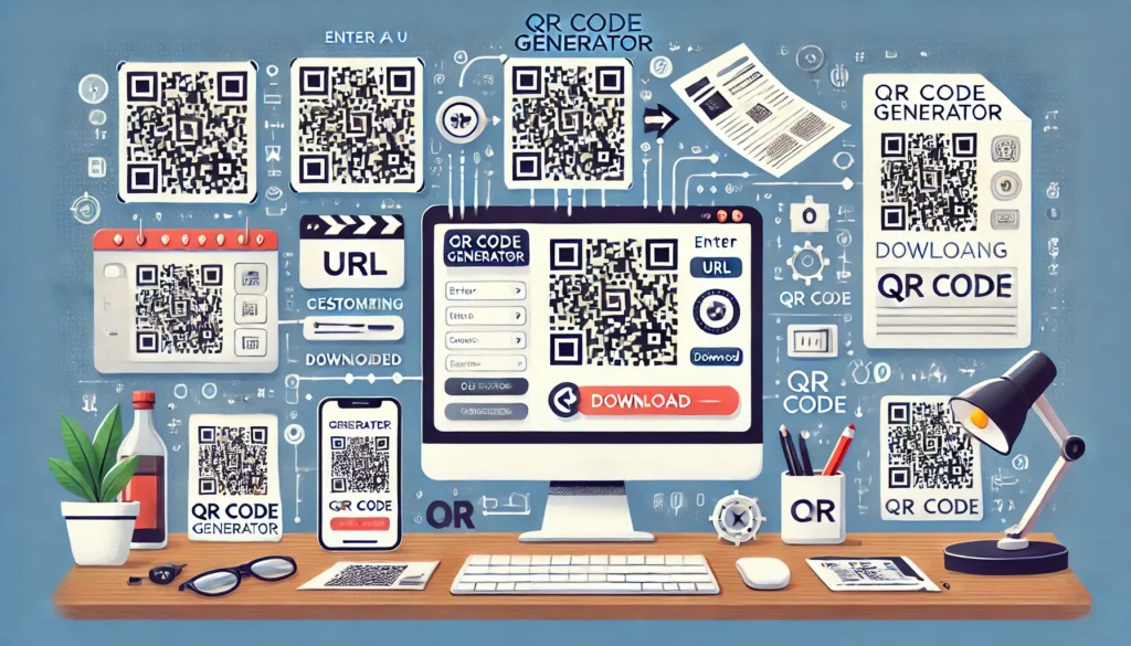 Step-by-step guide to creating a QR code using an online generator, with related marketing materials.