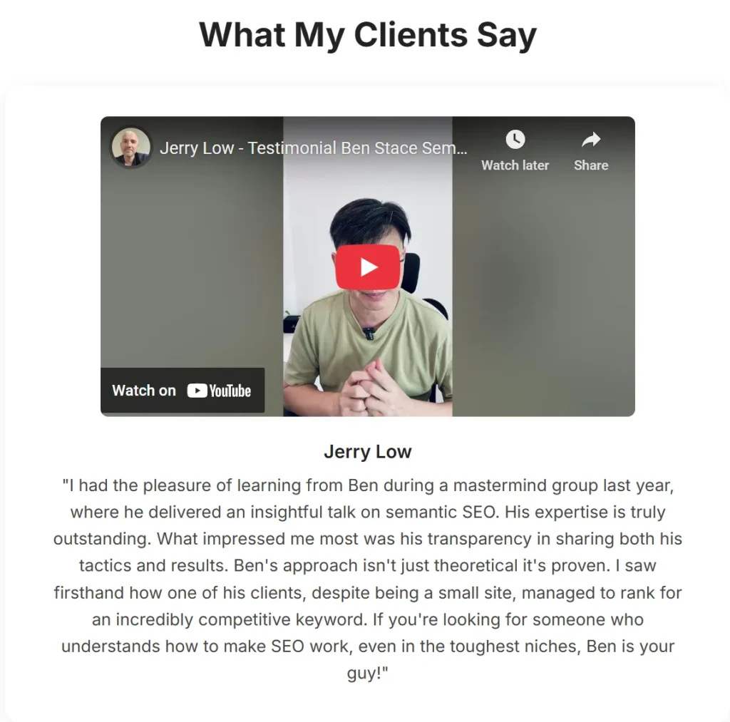 Jerry Low Testimonial about Ben Stace